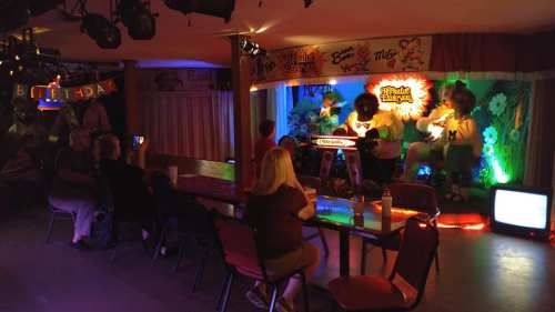 A colorful stage with animatronic characters performing, while an audience watches from tables in a dimly lit room.