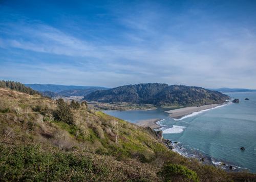 A scenic coastal view featuring a sandy beach, rolling hills, and a clear blue sky. Waves gently lap at the shore.