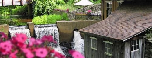 A serene scene featuring a small waterfall beside a rustic building, surrounded by greenery and flowers.
