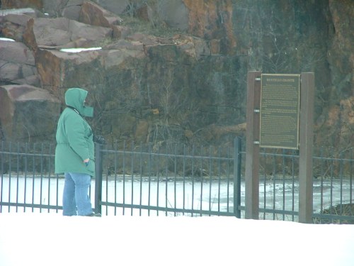 A person in a green coat stands by a fence, reading a historical plaque near a frozen body of water. Snow covers the ground.