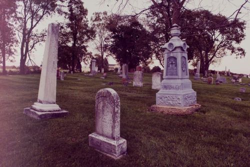 A serene cemetery scene with various gravestones and a large monument surrounded by trees and grass.