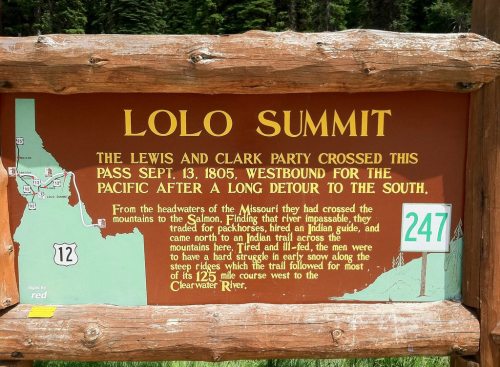 Sign at Lolo Summit detailing the Lewis and Clark expedition's route and challenges faced in 1805.