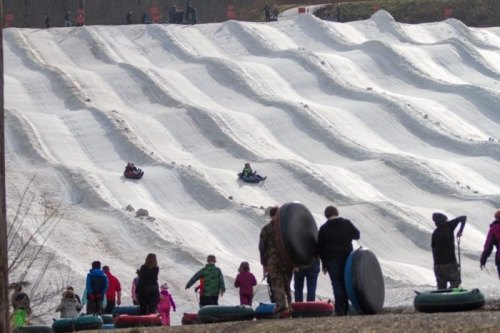 People sledding down a snowy hill, with others walking and carrying tubes in a winter recreation area.