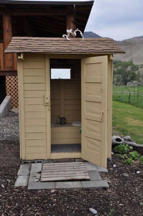 A small, yellow wooden shed with an open door, set on a gravel path in a grassy area.