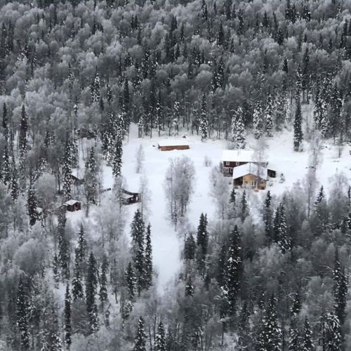 Aerial view of a snowy landscape with several houses surrounded by frosted trees and a blanket of snow.
