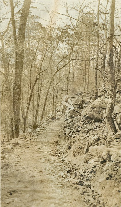 A narrow, winding trail through a sparse, wooded area with bare trees and rocky terrain.