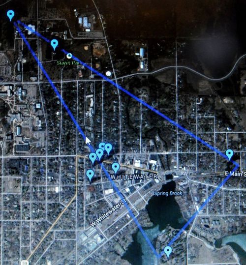 Map of Whitewater with blue markers indicating various locations and routes, including parks and streets.