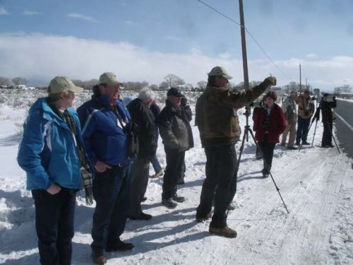 A group of photographers in winter attire stands on a snowy roadside, some holding cameras and tripods.