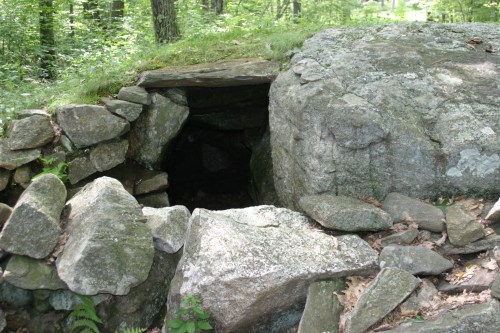 A rocky entrance to a cave or shelter surrounded by trees and greenery in a forested area.