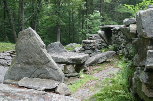 A rocky landscape with large stones and a stone wall, surrounded by lush green trees and ferns.