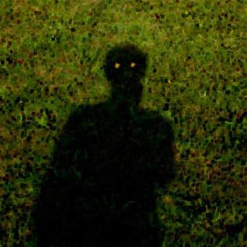 A dark silhouette of a person with glowing eyes cast on a textured green surface.