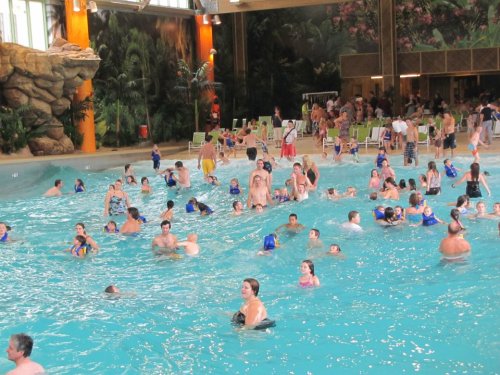 A crowded indoor pool filled with people of all ages enjoying the water, surrounded by tropical-themed decor.