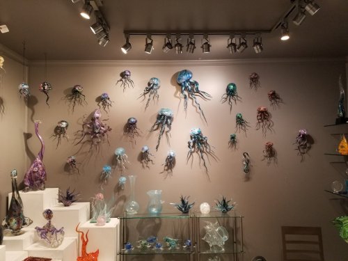 Colorful glass jellyfish sculptures adorn a wall, with various shapes and sizes displayed on shelves below.