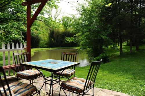 A serene outdoor scene featuring a table and chairs by a pond, surrounded by lush greenery and trees.