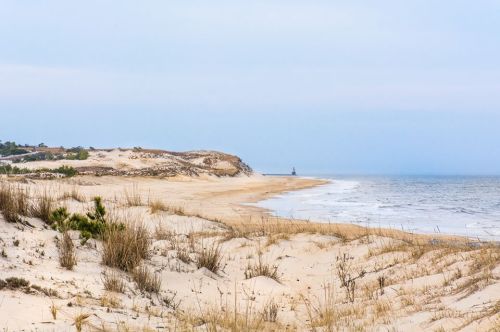 A serene beach scene with sandy dunes, gentle waves, and a distant lighthouse under a cloudy sky.