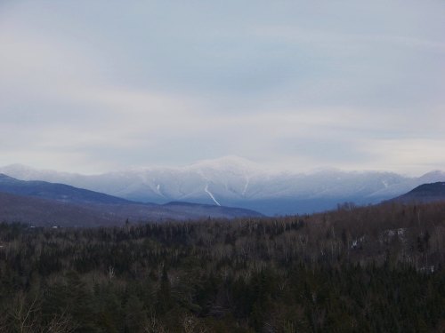 A panoramic view of snow-capped mountains in the distance, surrounded by a forested landscape under a cloudy sky.