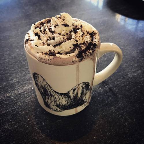 A mug with a bear design filled with hot chocolate, topped with whipped cream and chocolate crumbs, with some drips on the side.