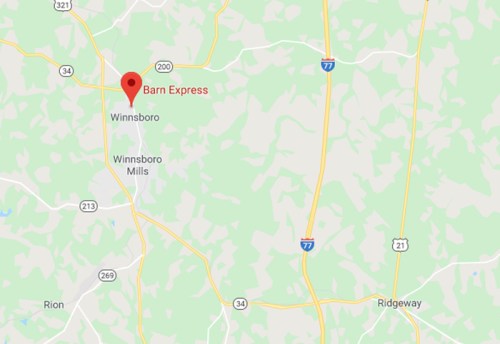 Map showing the location of Barn Express in Winnsboro, South Carolina, near highways 321 and 77.