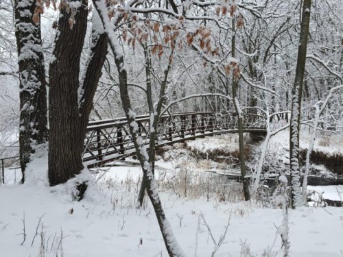 A snow-covered landscape featuring a wooden bridge surrounded by trees and a serene, frozen stream.