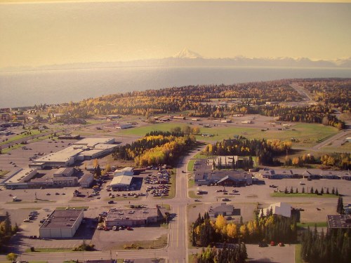 Aerial view of a coastal town with parking lots, trees, and mountains in the background under a clear sky.