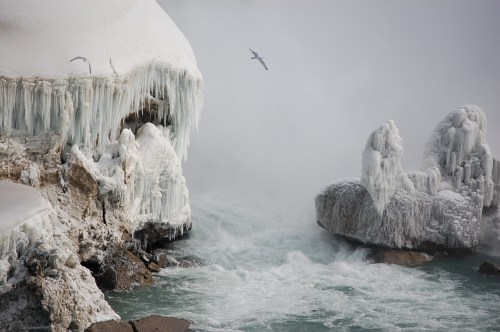 Icy cliffs and rocks by a misty river, with birds flying above in a winter landscape.
