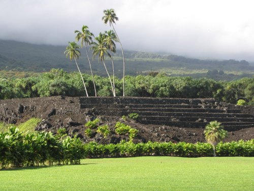 Lush green landscape with palm trees and terraced volcanic rock formations under a cloudy sky.