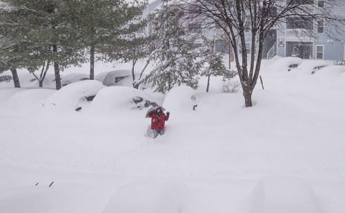 A person in a red coat struggles through deep snow, surrounded by snow-covered cars and trees.