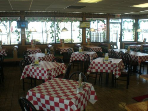Interior of a restaurant featuring red and white checkered tablecloths, empty tables, and large windows with greenery outside.