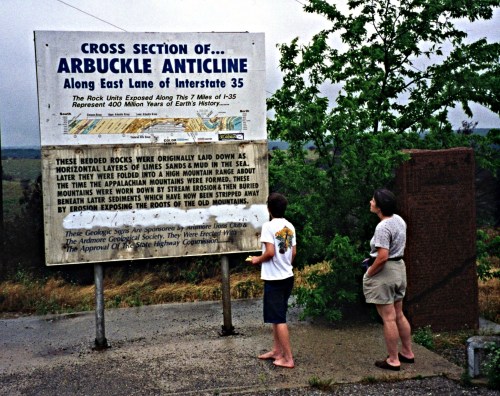 A sign detailing the Arbuckle Anticline's geological history, with two people observing it in a natural setting.