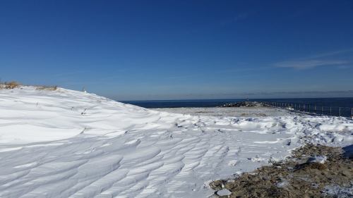 A snowy landscape with a beach and a pier extending into the calm blue ocean under a clear sky.