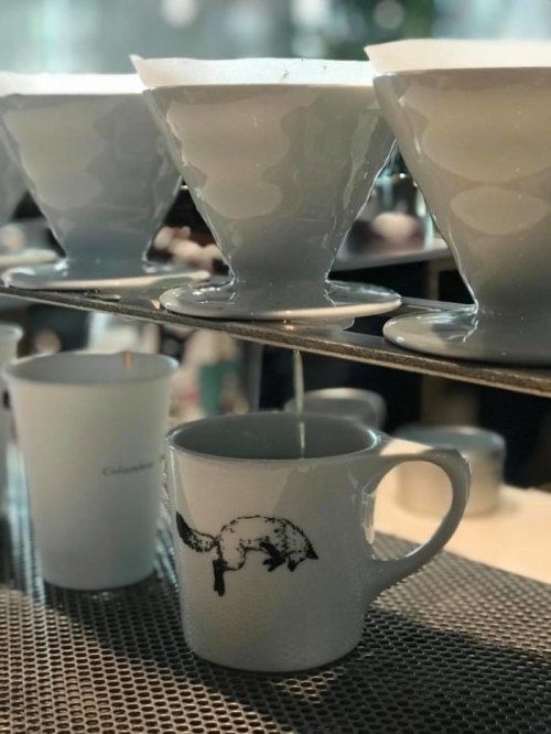 A coffee setup with white pour-over drippers and a mug featuring a fox design, all on a textured surface.