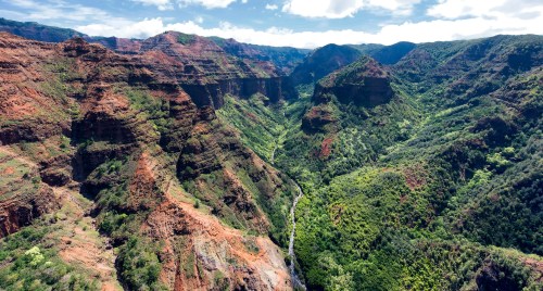 Aerial view of a lush green canyon with steep red cliffs and a winding river below, under a partly cloudy sky.