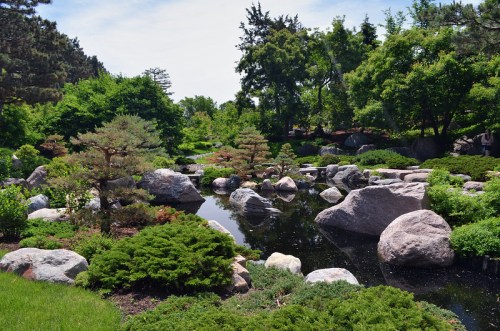 A serene garden scene featuring lush greenery, large rocks, and a calm pond reflecting the surrounding trees.