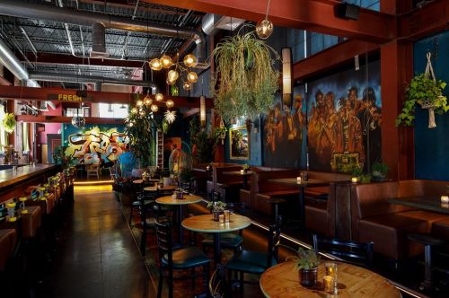 A vibrant restaurant interior featuring colorful murals, hanging plants, and cozy seating with warm lighting.