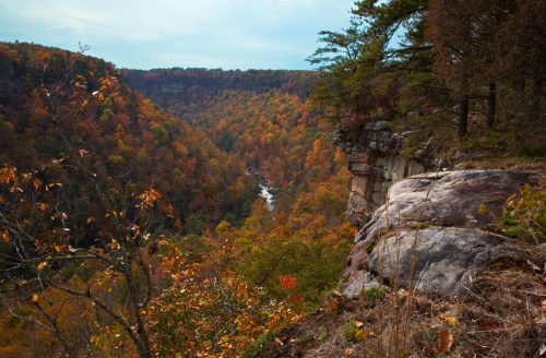 A scenic view of a valley with colorful autumn foliage and a river winding through the landscape.