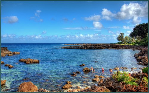 A scenic coastal view with rocky shores, clear blue water, and people exploring the tide pools under a bright sky.