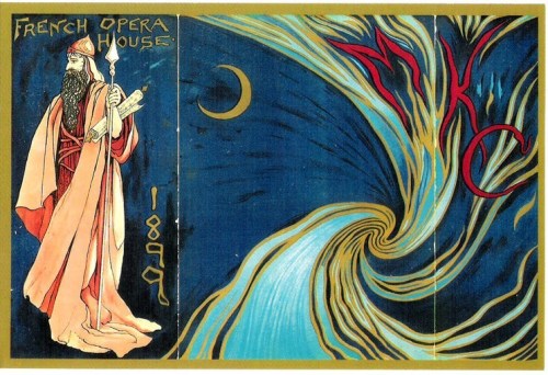 Art Nouveau poster featuring a robed figure with a staff, set against a swirling blue background, labeled "French Opera House 1899."