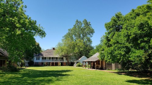 A sunny outdoor scene featuring a green lawn, trees, and several buildings with varying architectural styles.