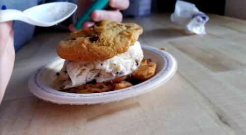 A cookie sandwich filled with ice cream on a paper plate, with a spoon nearby.