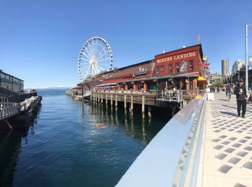 A waterfront view of Miners Landing with a Ferris wheel in the background and people walking along the pier.