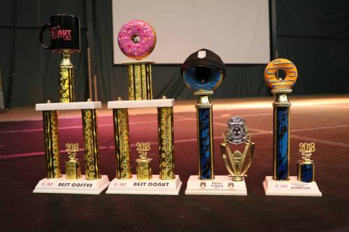 Four colorful trophies for "Best Coffee," "Best Donut," and "Best Champion," featuring playful donut designs and a police hat.