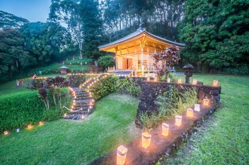 A serene temple surrounded by lush greenery, illuminated by glowing lanterns along a stone path at dusk.