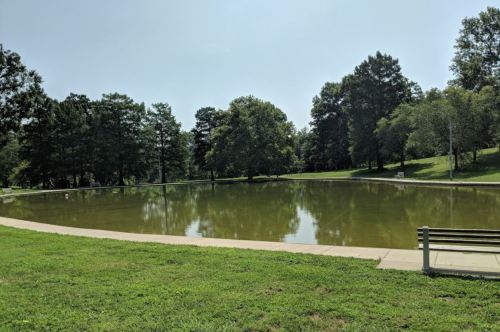 A serene park scene featuring a calm pond surrounded by lush green trees and grass under a clear blue sky.