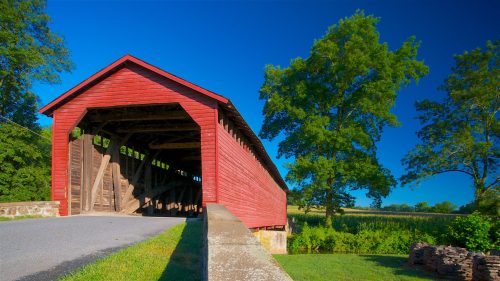 A red covered bridge surrounded by lush greenery and blue skies, with a stone wall in the foreground.