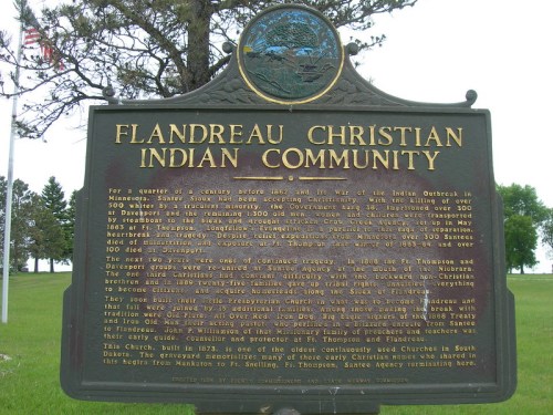 Historical marker for the Flandreau Christian Indian Community, detailing its history and significance in South Dakota.