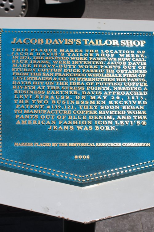 Plaque marking the location of Jacob Davis's tailor shop, birthplace of modern blue jeans, established in 1871.