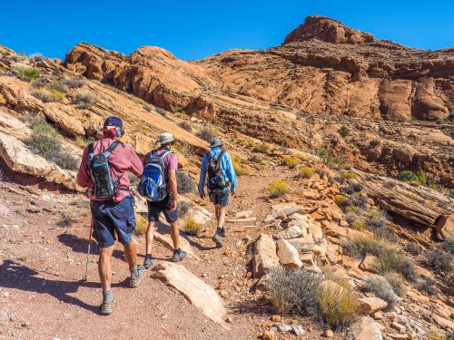 Three hikers walking on a rocky trail surrounded by red rock formations under a clear blue sky.