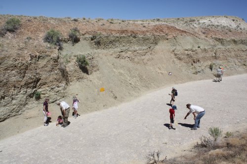 A group of children and adults explore a rocky landscape, with some digging and others observing the surroundings.