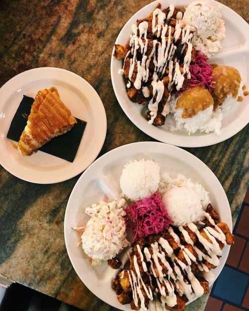 Two plates of food featuring rice, fried chicken, pink cabbage, and drizzled sauce, alongside a slice of dessert.