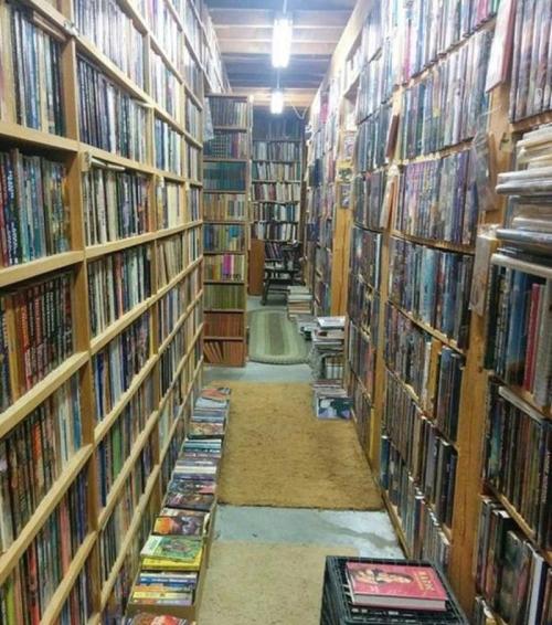 A narrow aisle lined with tall bookshelves filled with books, leading to a cozy reading area at the end.